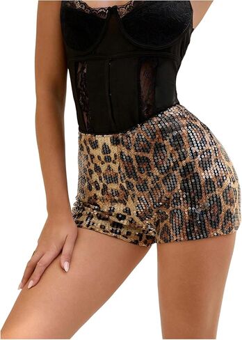 Women's Y2K Sequin Leopard Shorts Cheetah Sexy Mini Micro Shorts Glitter Sparkly Party Low Waist Rave Club Hot Pants in Kuwait