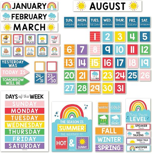 Classroom Calendar Set Bulletin Board Decor – School Calendar For Classroom Elementary & Preschool, Bulletin Board Decorations With Weather Chart & Seasons, Retro Teacher Must Haves in Saudi Arabia