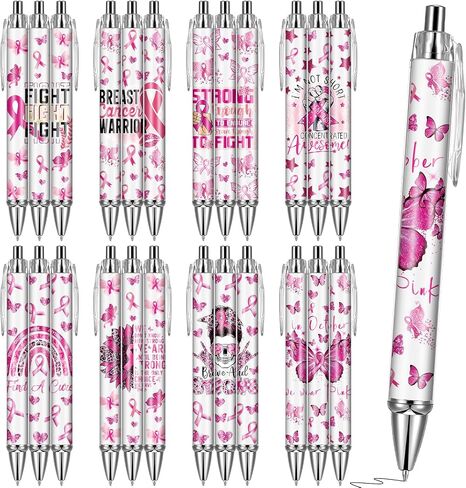 Cancer Awareness Ballpoint Pens - 24 Pcs Pink Breast Cancer Retractable Ball Point Pen Black Ink Fine Ribbon Motivational Gifts for Women Courage Inspirational Charity Office Accesories in Kuwait