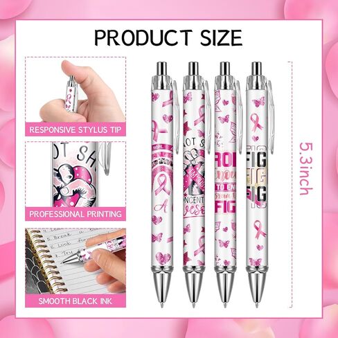 Cancer Awareness Ballpoint Pens - 24 Pcs Pink Breast Cancer Retractable Ball Point Pen Black Ink Fine Ribbon Motivational Gifts for Women Courage Inspirational Charity Office Accesories in Kuwait