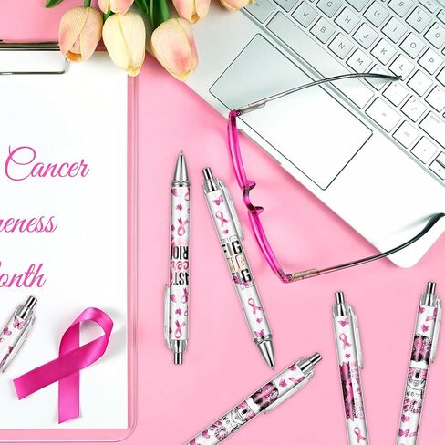 Cancer Awareness Ballpoint Pens - 24 Pcs Pink Breast Cancer Retractable Ball Point Pen Black Ink Fine Ribbon Motivational Gifts for Women Courage Inspirational Charity Office Accesories in Kuwait