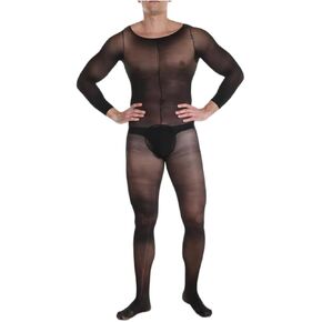 Men's Sheer Black Bodysuit, Sexy Lingerie Set with Long Sleeve Top and Thigh-High Stockings - Perfect for a Tempting Night In. in Saudi Arabia