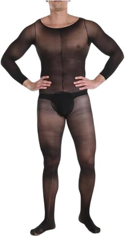 Men's Sheer Black Bodysuit, Sexy Lingerie Set with Long Sleeve Top and Thigh-High Stockings - Perfect for a Tempting Night In. in Saudi Arabia