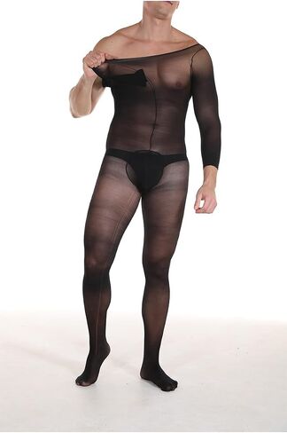 Men's Sheer Black Bodysuit, Sexy Lingerie Set with Long Sleeve Top and Thigh-High Stockings - Perfect for a Tempting Night In. in Saudi Arabia
