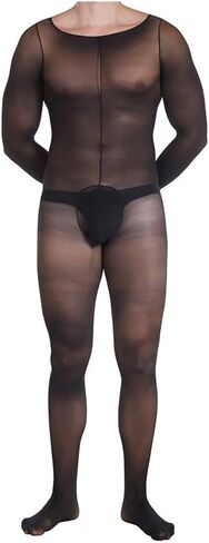 Men's Sheer Black Bodysuit, Sexy Lingerie Set with Long Sleeve Top and Thigh-High Stockings - Perfect for a Tempting Night In. in Saudi Arabia
