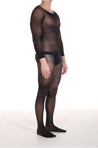 Men's Sheer Black Bodysuit, Sexy Lingerie Set with Long Sleeve Top and Thigh-High Stockings - Perfect for a Tempting Night In. in Saudi Arabia