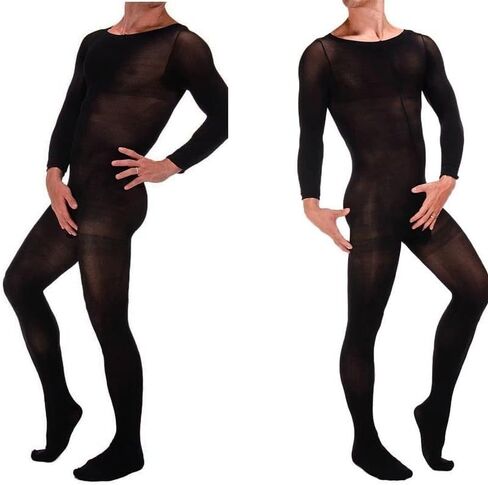 Men's Sheer Black Bodysuit, Sexy Lingerie Set with Long Sleeve Top and Thigh-High Stockings - Perfect for a Tempting Night In. in Saudi Arabia