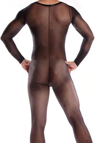 Men's Sheer Black Bodysuit, Sexy Lingerie Set with Long Sleeve Top and Thigh-High Stockings - Perfect for a Tempting Night In. in Saudi Arabia