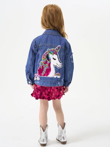 Miipat Toddler Girls Denim Jacket Sequin Patchwork Jean Jacket Little Kids Button Down Long Sleeve Jean Coat in Kuwait