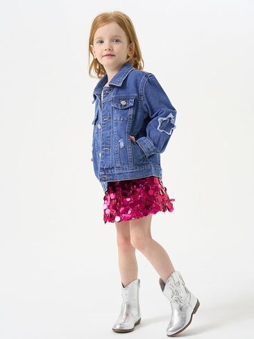 Miipat Toddler Girls Denim Jacket Sequin Patchwork Jean Jacket Little Kids Button Down Long Sleeve Jean Coat in Kuwait