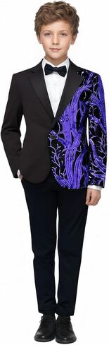 Pyiujtr Boys 4-Piece Tree and Wave Sequins Shiny Suit Jacket Shirt Bow Tie Pants Set for Performance Stage 6-16Y in Kuwait