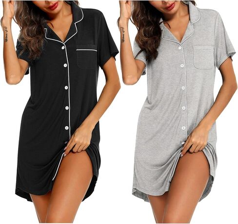Samring 2 Pack Nightgowns for Women Short Sleeve Sleepwear Button Down Nightshirts Sleep Shirts Boyfriend Pajama Dress in Kuwait