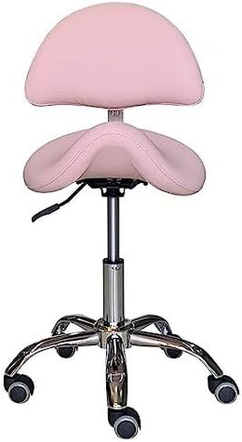 Pink Saddle Stool with Back Support - Ergonomic Rolling Chair for Estheticians, Dentists, and Clinics - Comfortable Saddle Seat with Wheels for Office Use in Kuwait