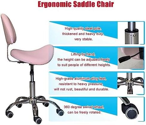 Pink Saddle Stool with Back Support - Ergonomic Rolling Chair for Estheticians, Dentists, and Clinics - Comfortable Saddle Seat with Wheels for Office Use in Kuwait