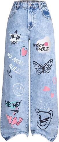 Girl's Y2k Graphic Jeans Butterfly Print Jeans Elastic High Waisted Straight Leg Denim Pants in Kuwait
