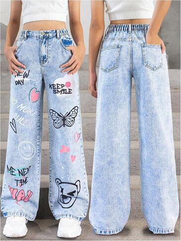 Girl's Y2k Graphic Jeans Butterfly Print Jeans Elastic High Waisted Straight Leg Denim Pants in Kuwait