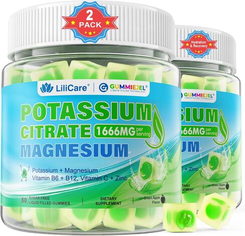 Potassium Citrate Gummies 1666mg for Adults - Potassium Supplement, Magnesium Glycinate, Zinc, B6, B12 & C – Electrolyte Gummies for Energy, Muscle Recovery & Leg Cramps, Sugar-Free, Vegan 60 Cts in Saudi Arabia