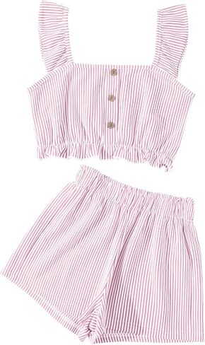 Girl's Summer Clothing Sets Knit Ruffle Striped T-Shirt and Shorts 2 Piece Outfits in Kuwait