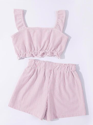 Girl's Summer Clothing Sets Knit Ruffle Striped T-Shirt and Shorts 2 Piece Outfits in Kuwait