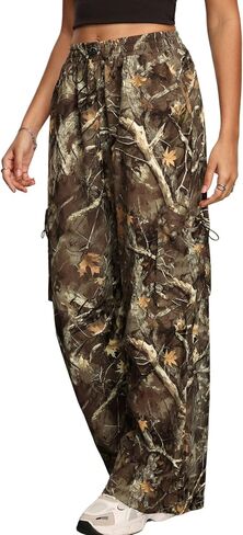 Verdusa Women's Camo Cargo Y2K Flare Pants Drawstring Waist Straight Leg Loose Trousers with Pockets in Kuwait