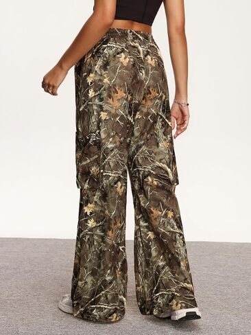 Verdusa Women's Camo Cargo Y2K Flare Pants Drawstring Waist Straight Leg Loose Trousers with Pockets in Kuwait