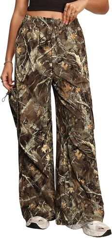 Verdusa Women's Camo Cargo Y2K Flare Pants Drawstring Waist Straight Leg Loose Trousers with Pockets in Kuwait