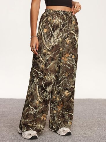 Verdusa Women's Camo Cargo Y2K Flare Pants Drawstring Waist Straight Leg Loose Trousers with Pockets in Kuwait