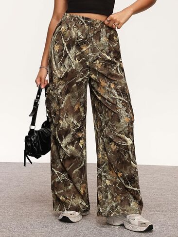 Verdusa Women's Camo Cargo Y2K Flare Pants Drawstring Waist Straight Leg Loose Trousers with Pockets in Kuwait