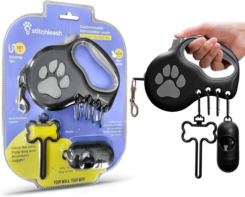 Retractable Dog Leash for Large & Extra Large Dogs (Up to 110lbs) - Customizable, Patented, Reflective Design, Ergonomic Handle, Includes Hooks & Poop Bag Holder & Dispenser - Black in Saudi Arabia