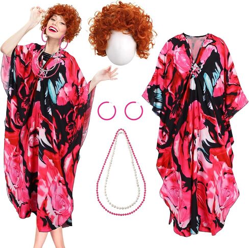 5 Pcs Halloween Women Costume Set with Print Caftan Dress Curly Wig Bead Necklace Earring for Women's Cosplay Party in Saudi Arabia