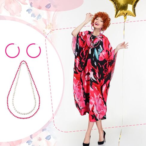 5 Pcs Halloween Women Costume Set with Print Caftan Dress Curly Wig Bead Necklace Earring for Women's Cosplay Party in Saudi Arabia