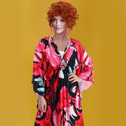 5 Pcs Halloween Women Costume Set with Print Caftan Dress Curly Wig Bead Necklace Earring for Women's Cosplay Party in Saudi Arabia