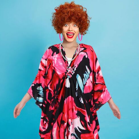 5 Pcs Halloween Women Costume Set with Print Caftan Dress Curly Wig Bead Necklace Earring for Women's Cosplay Party in Saudi Arabia