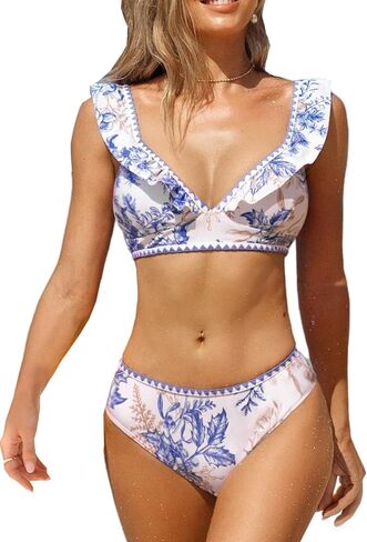 CUPSHE Women's Bikini Sets V Neck Ruffled Wide Adjustable Straps Bathing Suit Standard Rise Whip Stitch Trim in Kuwait