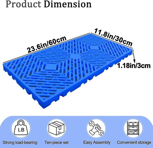 10 Pcs Lightweight Plastic Pallets, 23.6"x11.8"x1.18" Waterproof Moisture-Proof Floor Pallet, Storage Pad for Garage, Basement, Industrial, Blue and Black in Kuwait