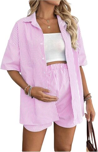 MakeMeChic Women's Maternity Outfits Striped Button Down Shirt and Shorts Pregnancy Set in Saudi Arabia