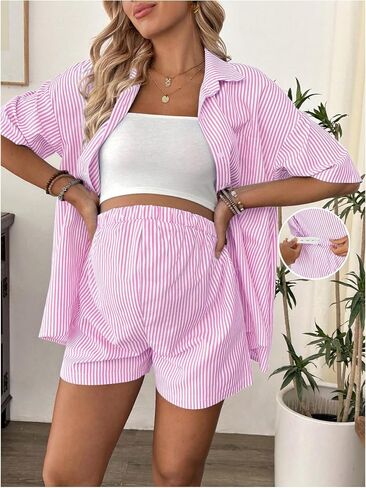 MakeMeChic Women's Maternity Outfits Striped Button Down Shirt and Shorts Pregnancy Set in Saudi Arabia