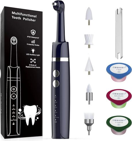 Tooth Polisher,Teeth Polishing Kit for Daily Cleaning,Polishing Then Whitening of Tooth (Professional Toothpaste Include),USB Rechargeable Dental Polisher with LED Light,6 Heads,5 Speed Modes in Kuwait