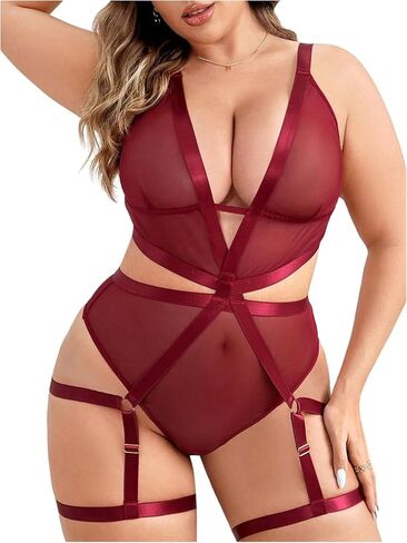 SOLY HUX Plus Size Teddy Lingerie for Women Sheer Mesh See Through Deep V Babydoll Bodysuits in Saudi Arabia