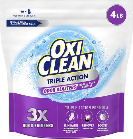 Oxiclean Triple Action رائحة الرائحة ومسحوق مزيل وصمة عار ، استخدام مع المنظفات ، يزيل الروائح الصعبة ويزيل البقع ، آمنة اللون وخالية من الكلور ، 4 رطل in Kuwait