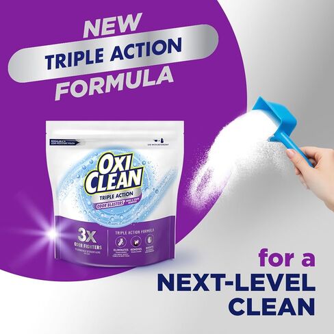 Oxiclean Triple Action رائحة الرائحة ومسحوق مزيل وصمة عار ، استخدام مع المنظفات ، يزيل الروائح الصعبة ويزيل البقع ، آمنة اللون وخالية من الكلور ، 4 رطل in Kuwait