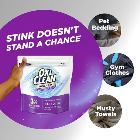 Oxiclean Triple Action رائحة الرائحة ومسحوق مزيل وصمة عار ، استخدام مع المنظفات ، يزيل الروائح الصعبة ويزيل البقع ، آمنة اللون وخالية من الكلور ، 4 رطل in Kuwait