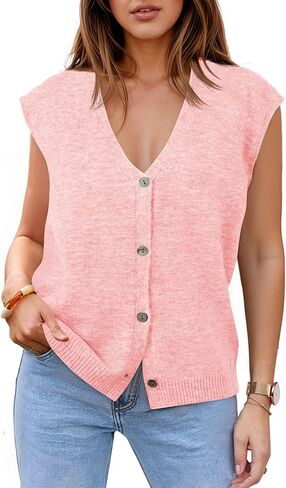 Cicy Bell Womens V Neck Sweater Vest Casual Button Down Knit Vest Outerwear Sleeveless Trendy Cardigans in Kuwait