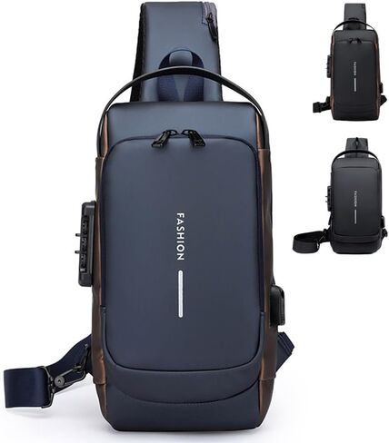 Travel Sling Bag Waterproof Crossbody Bag with Combination Lock Anti-Theft PU Leather Chest Bag with USB Charging Hole Shoulder Backpack Motorcycle Bags Black-gold in Saudi Arabia