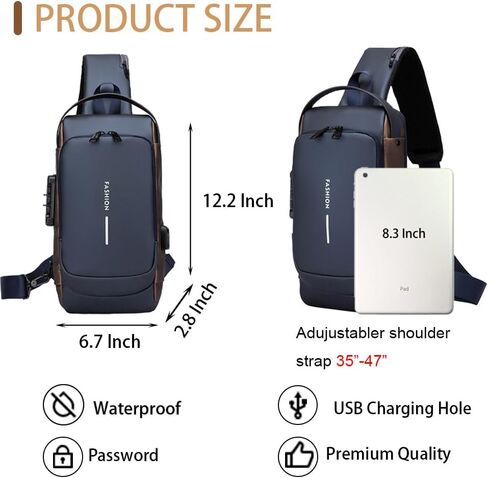 Travel Sling Bag Waterproof Crossbody Bag with Combination Lock Anti-Theft PU Leather Chest Bag with USB Charging Hole Shoulder Backpack Motorcycle Bags Black-gold in Saudi Arabia