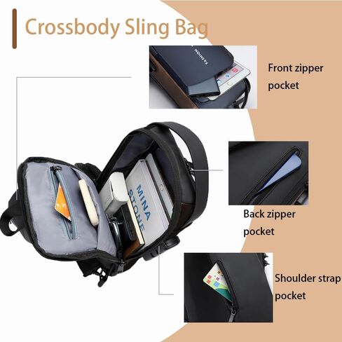 Travel Sling Bag Waterproof Crossbody Bag with Combination Lock Anti-Theft PU Leather Chest Bag with USB Charging Hole Shoulder Backpack Motorcycle Bags Black-gold in Saudi Arabia