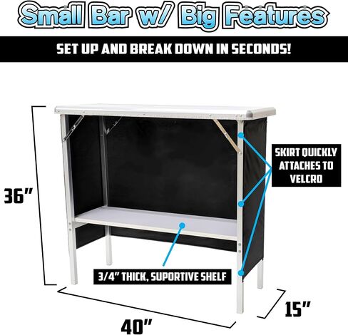 PARTYPONG Folding Portable Triple Bar w/LED Lights, Wireless Remote, 2 Bar Skirts, Storage Shelf, & Carrying Case - Black in Saudi Arabia