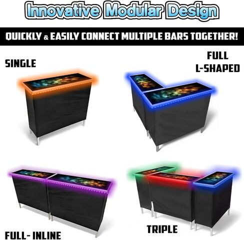 partypong قابلة للطي محمولة Triple Bar مع مصابيح LED ، عن بُعد اللاسلكي ، تنانير 2 بار ، رف التخزين ، وحالة حمل - أسود in Kuwait
