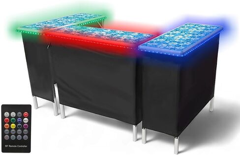 PARTYPONG Folding Portable Triple Bar w/LED Lights, Wireless Remote, 2 Bar Skirts, Storage Shelf, & Carrying Case - Black in Saudi Arabia