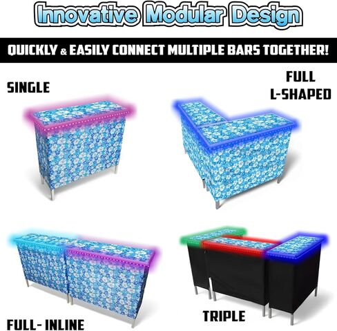PARTYPONG Folding Portable Triple Bar w/LED Lights, Wireless Remote, 2 Bar Skirts, Storage Shelf, & Carrying Case - Black in Saudi Arabia
